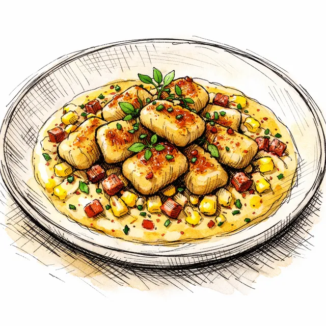 The Golden Cornice: Pan-Seared Gnocchi with a Sweet Corn and Pancetta Emulsion