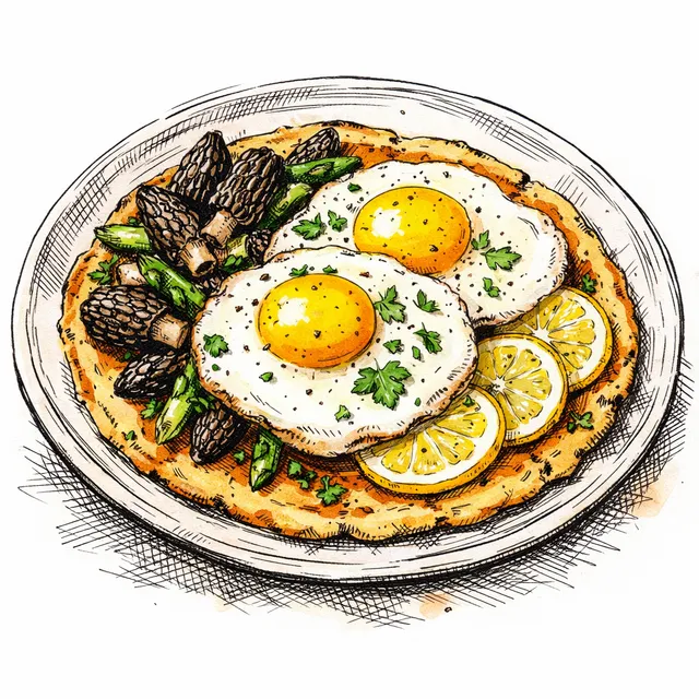 Spring Morel & Meyer Lemon Socca with Sunny Eggs