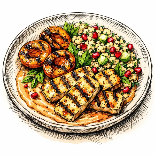 Grilled Baharat Halloumi with Charred Apricots & Herb-Pomegranate Couscous over Honey-Harissa Tahini