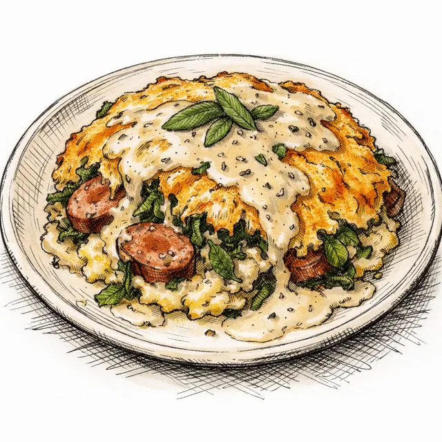Sunday Skillet Grits & Greens Bake with Sausage, Cheddar Crust & Black-Pepper–Sage Pan Gravy