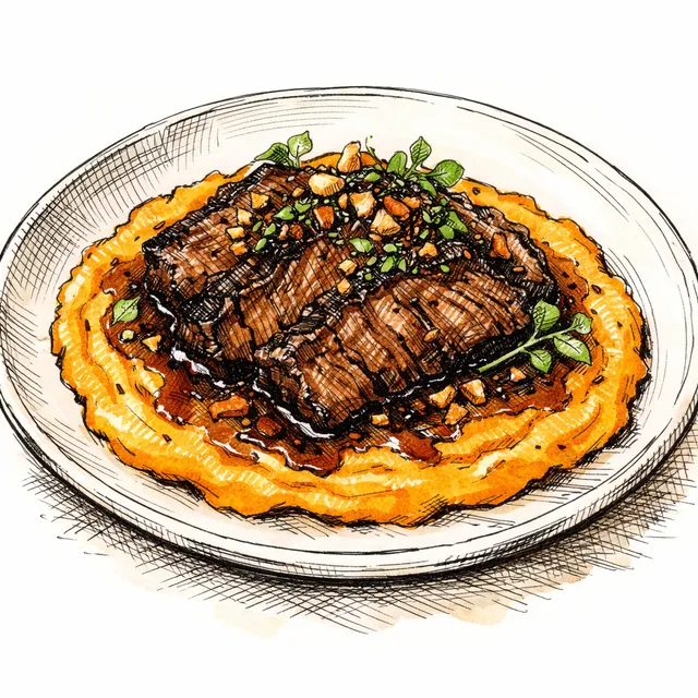 Coffee and Sorghum Braised Beef Brisket with Smoked Sweet Potato Purée