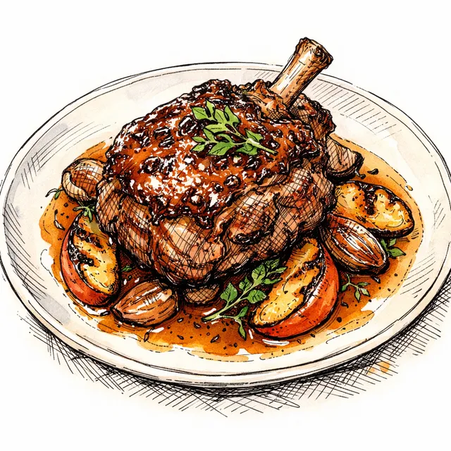 Cast-Iron Crisp-Skinned Bone-In Pork Shoulder with Cane Syrup Glaze & Charred Apple Jus