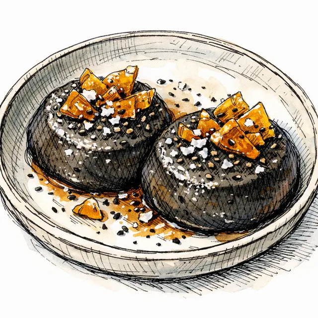 Black Sesame–Dark Cocoa Pudding for Two with Ginger-Maple Glass & Flaky Salt