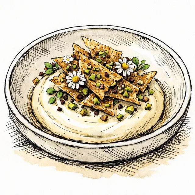 Cold-Set Chamomile Namelaka with Pistachio-Nib Shatter