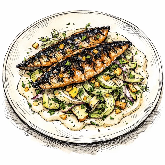 Fire-Blistered Mackerel & Scorched Fennel Salad with Preserved Lemon Tahini