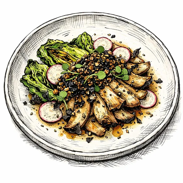 Tataki-Style King Oyster Mushrooms with Yuzu–Black Vinegar Cure, Charred Little Gems, and Crispy Quinoa–Nori Crunch