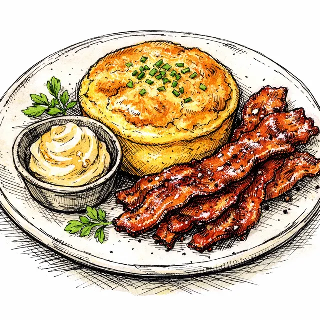 Stone-Ground Cornmeal Morning Spoonbread Soufflé with Honey-Pepper Bacon & Whipped Cane Butter