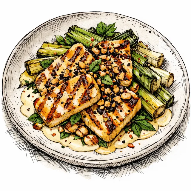 Fire-Roasted Halloumi & Charred Sweet Leeks with Sizzling Hazelnut-Nigella Crunch & Velvet Lemon Tahini