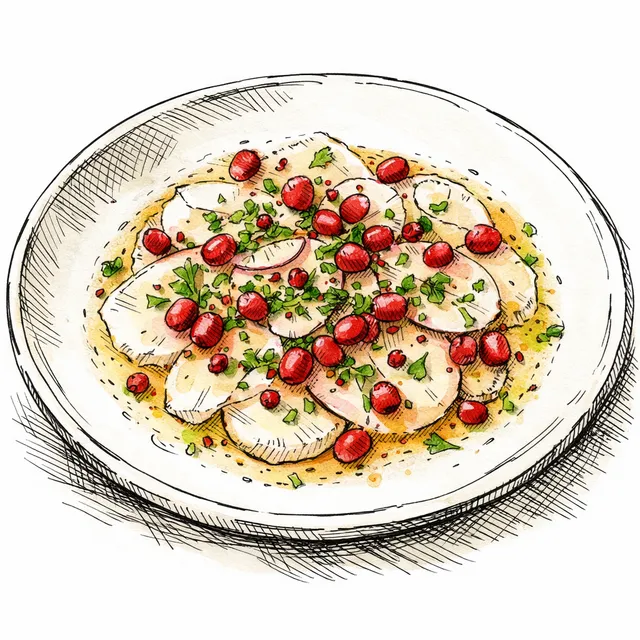 Bistro Dayboat Scallop Carpaccio with Pomegranate Jewels & Pink Peppercorn Vinaigrette