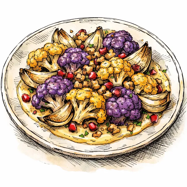Jewel-Toned Roasted Cauliflower with Saffron-Date Tahini, Pomegranate-Walnut Crunch & Charred Onion Petals