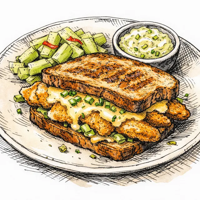 Lunch Counter Catfish Melt on Pan-Toasted Rye with Quick Pickled Celery & Green Chile Tartar