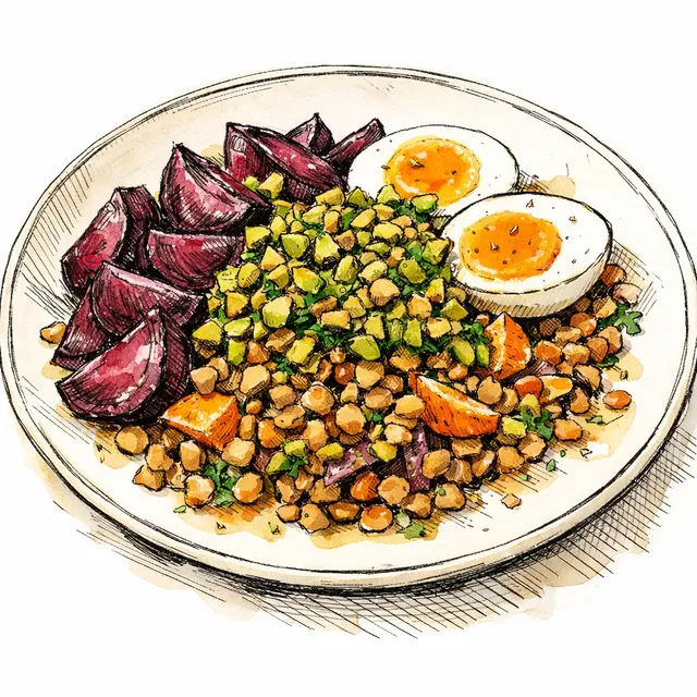 Roasted Beet & Caraway-Orange Lentil Salad with Warm Mustard–Shallot Vinaigrette, Jammy Eggs, and Crunchy Pistachio Gremolata