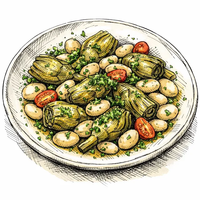 Gentle-Braised Baby Artichokes & Butter Beans with Meyer Lemon Pistou