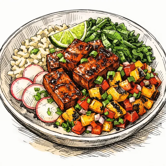 Guajillo-Miso Cured Hard-Seared Tofu Bowl with Charred Peach Salsa
