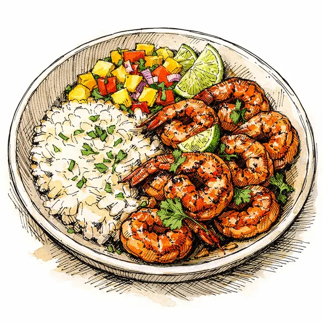 15-Minute Guajillo-Seared Shrimp with Coconut Rice & Mango Salsa (The Coastal Tuesday Escape)
