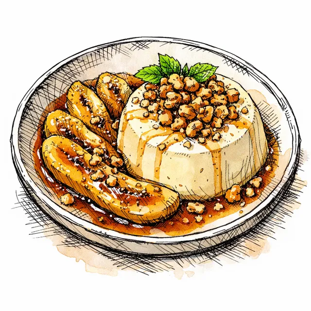 Skillet Chai-Caramel Bananas with Cold Tahini–Vanilla Panna Cotta & Toasted Walnut Crunch