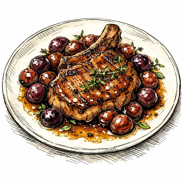 Pan-Roasted Heritage Pork Chops with Blistered Muscadines & Bourbon-Thyme Pan Sauce