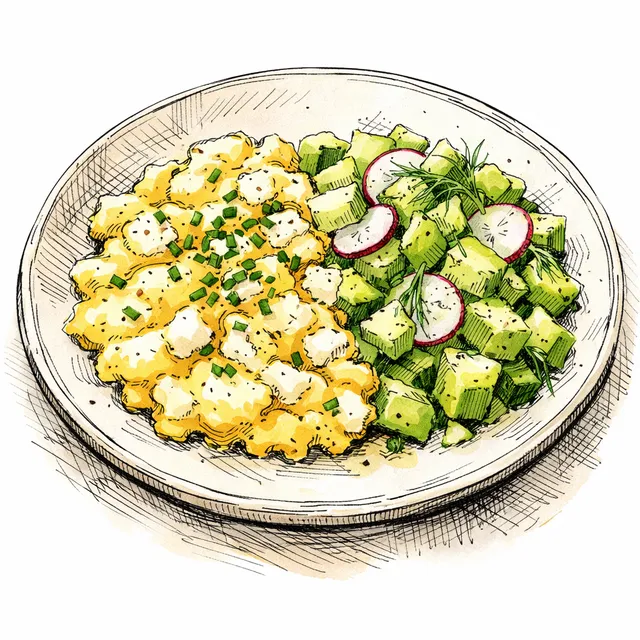 Soft-Scrambled Eggs with Chèvre & Crushed Cucumber-Avocado Salade