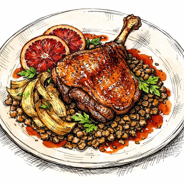 Pan-Roasted Bistro Duck Legs with French Lentils, Caramelized Fennel & Blood Orange Jus
