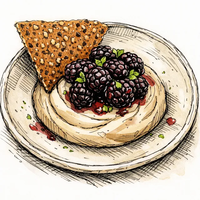 Cold-Infused Hojicha Cream with Lime-Macerated Blackberries & Buckwheat Snap
