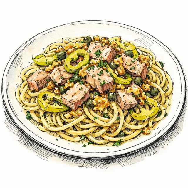 Lemony Tuna & Caper Pepperoncini Pan Sauce Over Garlic Breadcrumb Pasta