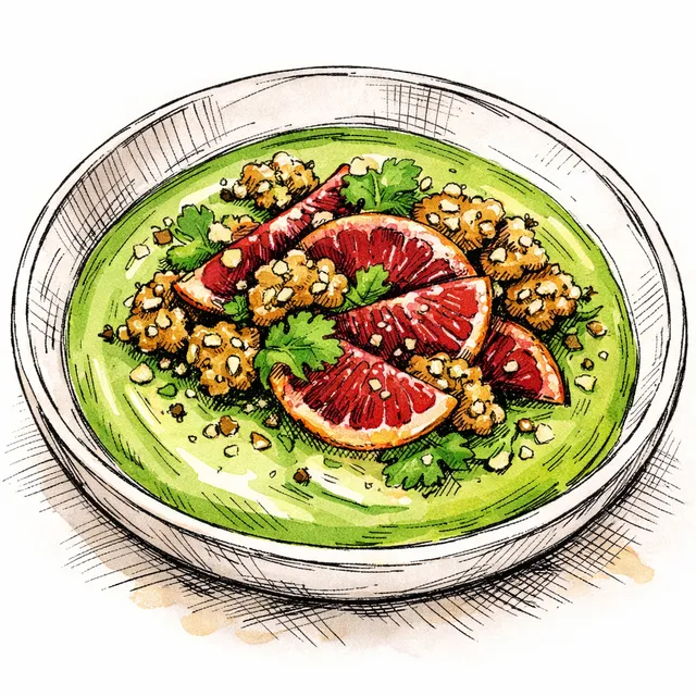 Cold-Infused Coriander Velvet with Blood Orange & Salted Tahini Crunch
