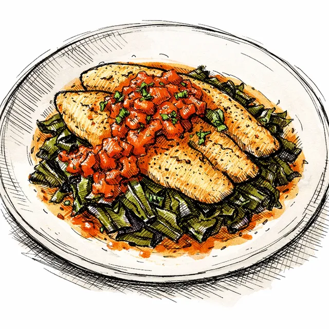 Slow-Roasted Heritage Catfish with Fish-Sauce-Braised Collards and Roasted Tomato Gravy