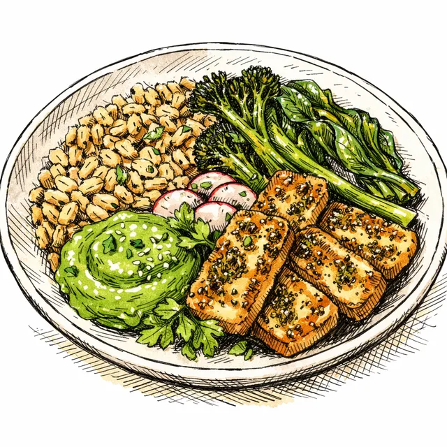 Smoked Freekeh & Crispy Za'atar Halloumi Grain Bowl with Blistered Spring Greens & Emerald Tahini