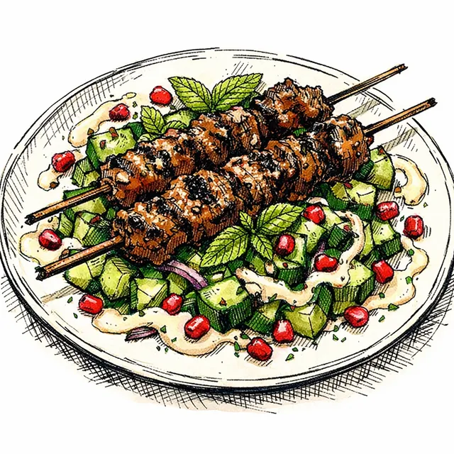 Charred Aleppo & Mint Lamb Skewers over Emerald Cucumber Salad & Pomegranate Tahini