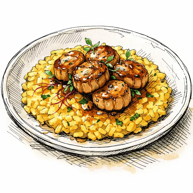 The Golden Slab: Saffron Risotto with Vermouth-Glazed Scallops