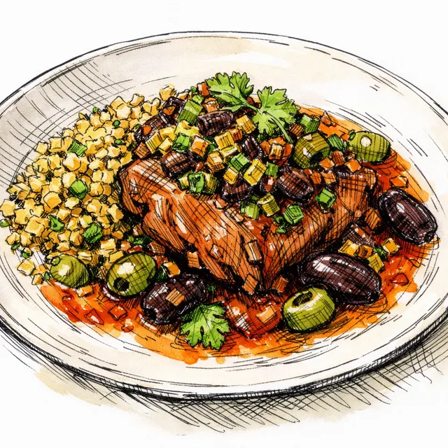 Saffron–Tomato Braised Lamb Shoulder with Olive–Date Charmoula & Crispy Freekeh