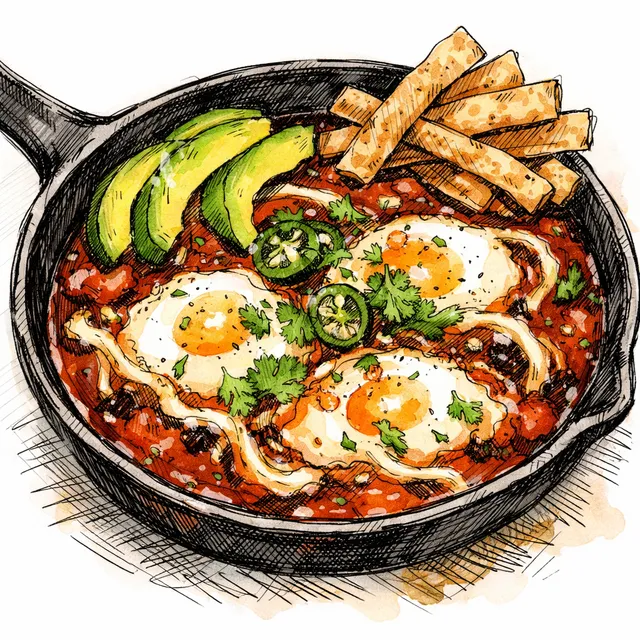 Skillet Huevos Ahogados en Pasilla (Oaxacan Poached Eggs in Smoky Tomato Broth with Melted Quesillo)