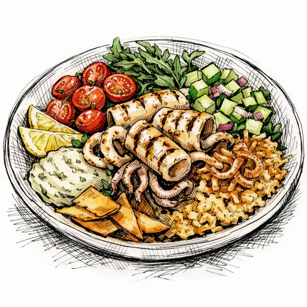 Amalfi Cliffside Grilled Calamari Crunch Bowl by Chef Mira Lin | inspochef | inspochef