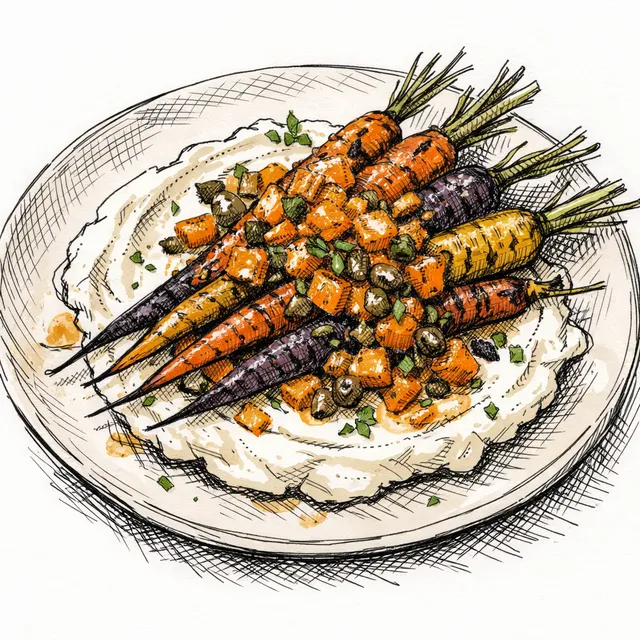 Scorched Rainbow Carrots with Whipped Goat Cheese & Burnt-Orange Caper Salsa