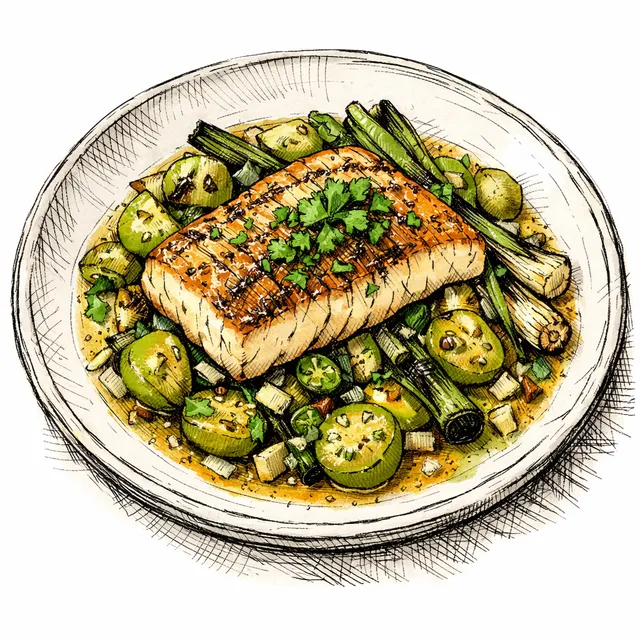 15-Minute Skillet Hake with Warm Tomatillo & Charred Scallion Sauté