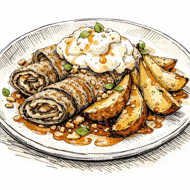 Buckwheat Crêpe Roulade with Roasted Pears, Crème Fraîche–Vanilla Cloud & Cider-Salted Caramel