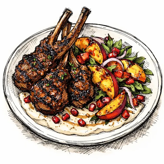 High-Heat Charred Ras el Hanout Lamb Chops with Blistered Nectarine Salad over Pomegranate Tahini