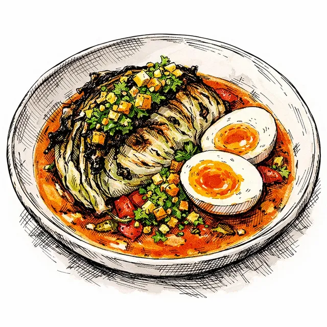 Charred Cabbage “Bouillabaisse” with Saffron-Tomato Broth, Winter Citrus Gremolata & Jammy Eggs