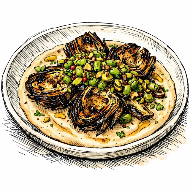 Fire-Charred Roman Artichokes with Sizzling Pistachio-Castelvetrano Olive Tatbilah over Velvet Brown Butter Tahini