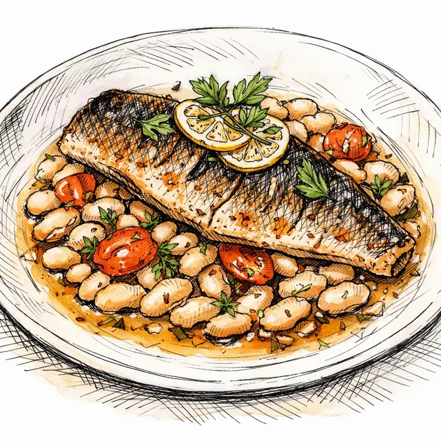 The Ligurian Facade: Pan-Roasted Branzino over Vermouth-Braised Cannellini
