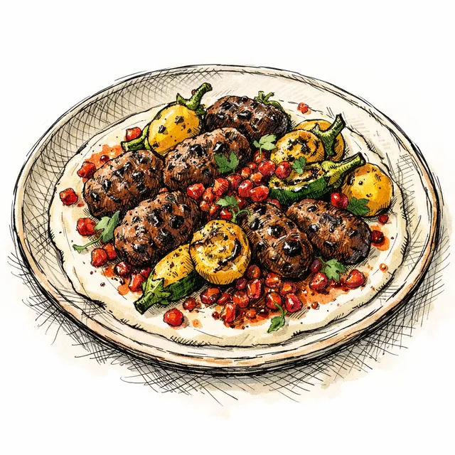 Fire-Roasted Baby Squash & Spiced Lamb Kofta Bites over Velvet Garlic-Tahini with Pomegranate Shatta