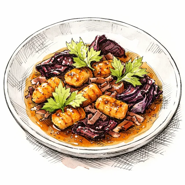 Cast-Iron Sweet Potato Gnocchi with Smoky Ham Hock Broth, Charred Radicchio & Pickled Celery Leaf