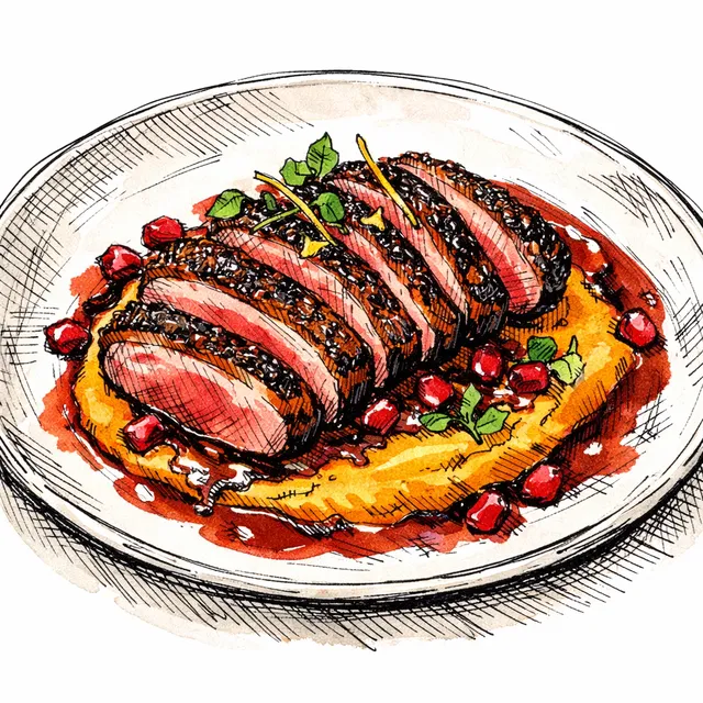 Morita & Kombu-Cured Seared Duck Breast with Brown Butter-Kabocha Silk & Pomegranate-Yuzu Jus