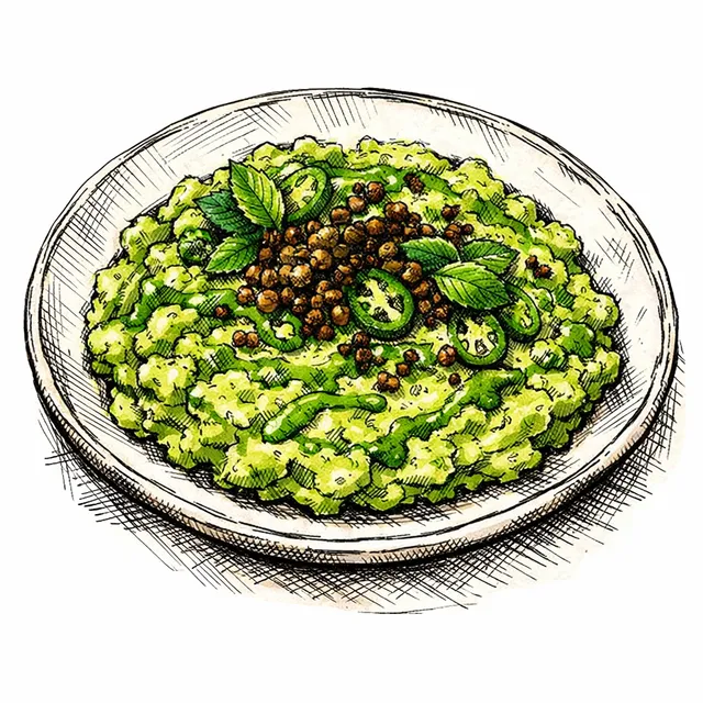 Smashed Emerald Fava Bean Mezze with Jalapeño-Mint Emulsion & Crispy Caper Crunch