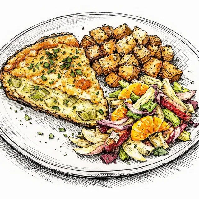 Leek & Gruyère Breakfast Clafoutis with Crispy Potatoes + Warm Citrus–Endive Salad