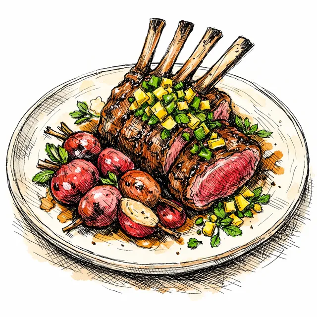 Pan-Roasted Rack of Lamb with Charred Radishes & Meyer Lemon–Mint Relish