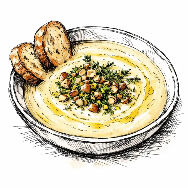 Parsnip–Pear Winter Bistro Soup with Toasted Hazelnut Gremolata + Thyme Beurre Monté