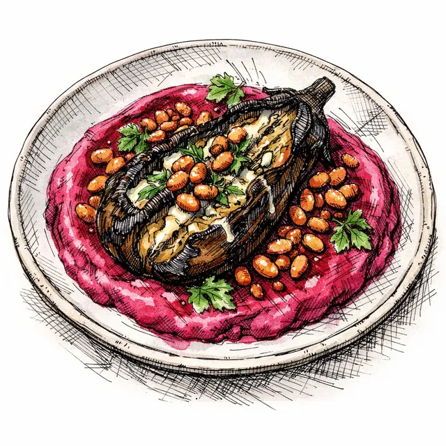 Fire-Torn Smoked Eggplant over Velvet Beet-Tahini with Candied Aleppo Pine Nuts