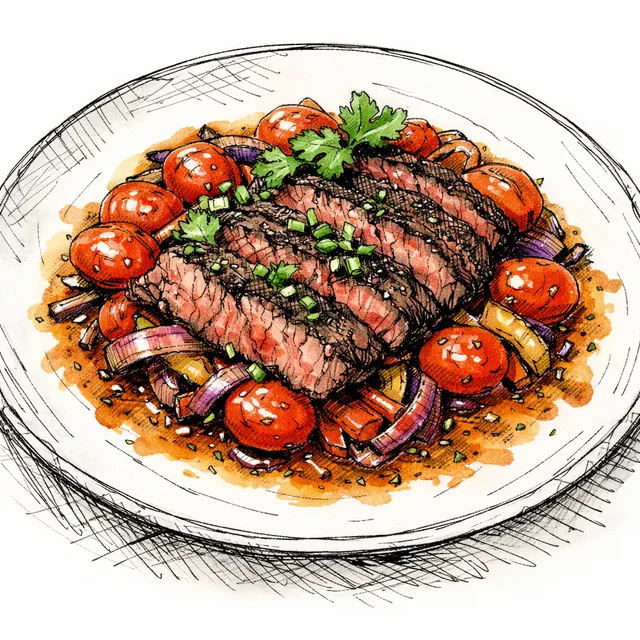 Shio Koji & Aji Panca Seared Flank Steak with Blistered Tomato "Saltado" Jus