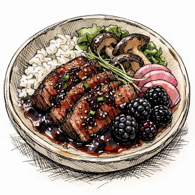 Sansho & Smoked Sea Salt-Cured Venison Bowl with Blackberry-Morita Glaze
